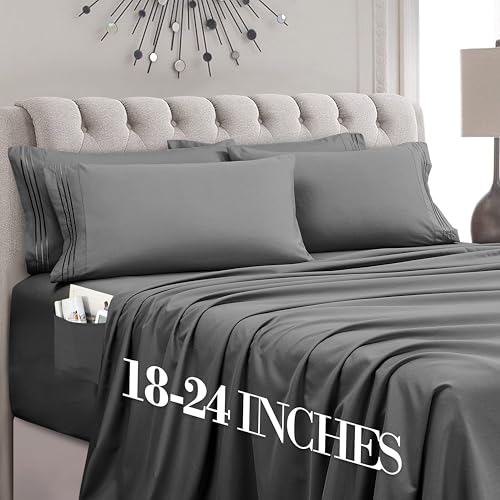 Image of Mocassi Luxury 6-Piece Sheet Set, Ultra Soft 1800 Premium Hotel Quality Microfiber Sheet Set, Fits Mattresses Up to 18 to 24 Inches Extra Deep Pocket - Breathable and Secure Fit, Full, Gray