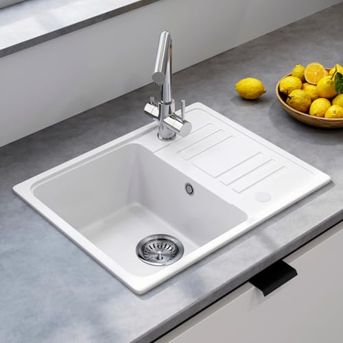 HOROW Quartz Single Bowl Kitchen Sink 57x45 cm White with Push-to-Drain/Store Water Scratch-Resistant Stain-Proof & Self-Healing Surface Includes Drain Fittings & Overflow