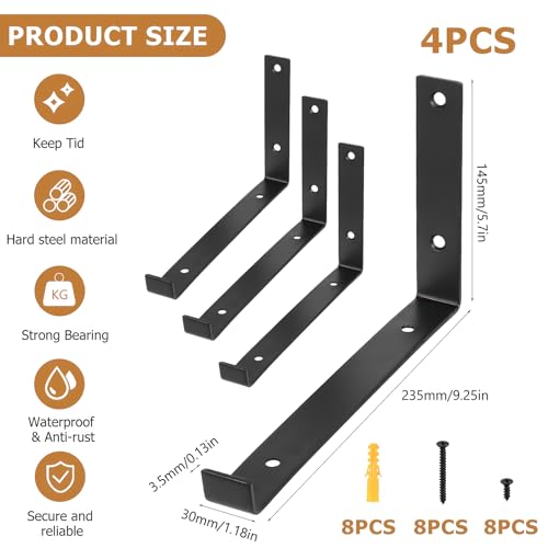 4 Pcs Scaffold Board Shelf Brackets Heavy Duty Shelf Brackets for Shelving Bracket Black Industrial Rustic Metal Wall Brackets with Lips for Scaffold Boards(237 mm/9.33 inch) - Image 2