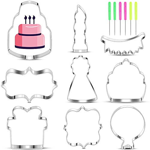 9 Pieces Birthday Cookie Cutter Set in Birthday Cake, Birthday Hat, Candle, Balloon, Banner, Present, Cupcake and Plaque Shape Stainless Steel Biscuit Cutter and 6 Pieces Sugar Stirring Pins
