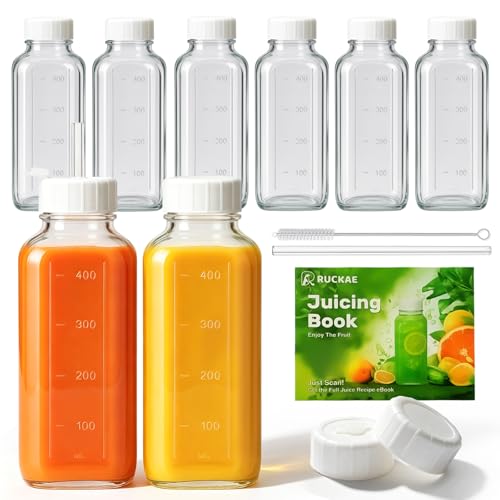 Image of Ruckae 16oz 8 Pack Glass Juice Bottles with Lids - Reusable Square Glass Juice Bottles with Leak-Proof Lid & Capacity Marks for Containers Juice,Milk,Smoothies