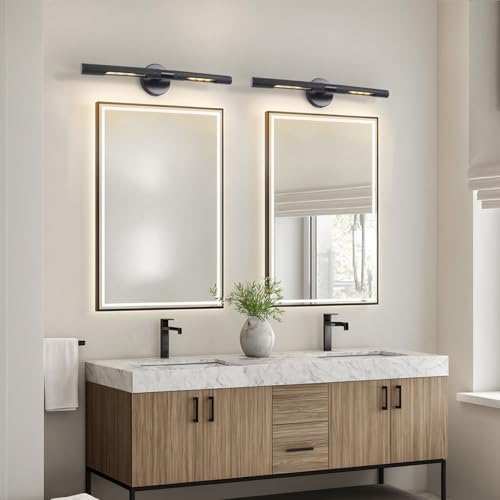 Image of Black Picture Light Set of 2, 23.6 Inch Knurled Hardwired Wall Lights for Pictures,Rotatable 360 Modern Gallery Light for Exhibition Bathroom Study Room, E12 Bulbs Included