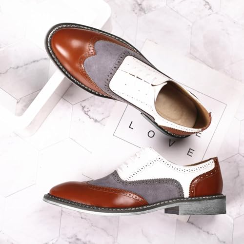 Men's Two-Tone Brogue Oxfords, Stylish Classic Round Toe, Lace-up Low-top Leather Dress Shoes, Hand-Stitched Business Formal Derby Shoes Oxfords Shoes for Men4