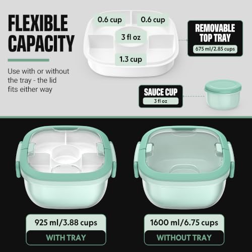 Image of Salad Container with Ice Pack & Handle, 6.8 Cup / 1600ml Large Portable Salad Bowl Lunch Box with Lid, Fork Holder & Sauce Cup, 4-Compartment Removable Tray Meal Prep Bento Box, Green