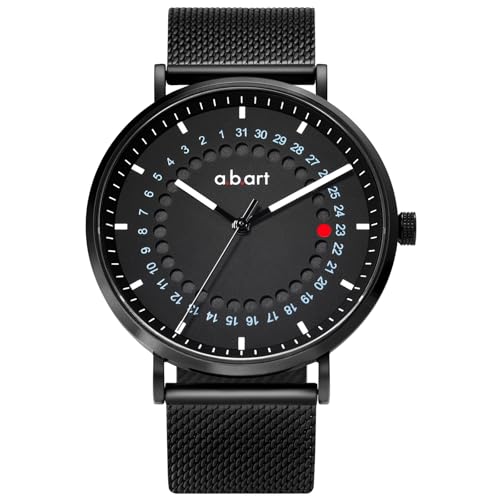 a.b.art Montre Homme Saut de Date Point Rouge Instantané – Quartz Suisse Ronda, Verre Saphir, Style Bauhaus Minimaliste, Bracelet Milanais Noir