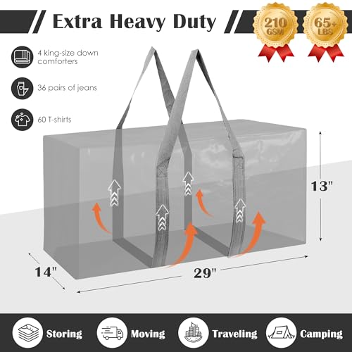 Image of 12 Pack Moving Bags with Full-Open Side Zipper, Extra Large 93L Heavy Duty Waterproof Foldable Storage Totes for College Dorm, Moving & Home Organization Gray