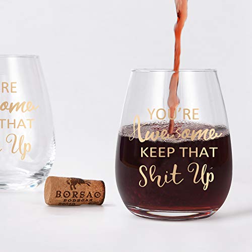 You're Awesome Keep That Up Stemless Wine Glass Gift Set With Wine Socks And Bottle Opener, Funny Wine Glass With Gold Words For Friend Girlfriend Women Coworker Birthday Party Christmas, 15 Oz #TOP1