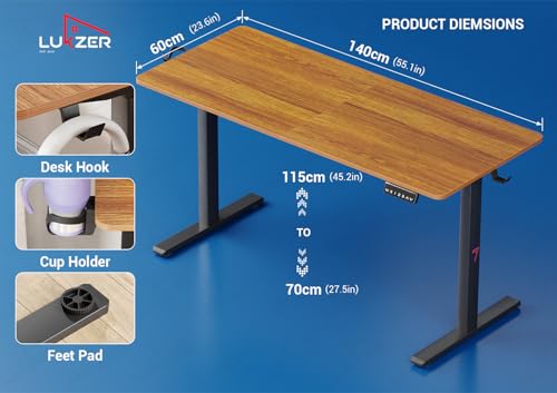 Image of Lukzer Electric Height Adjustable Desk | Dual Motor with Memory Controller Sit-Stand Study Table | Ergonomic Computer Desk for Work from Home | 1 Year Warranty (EST-002 /Black & Oak Brown /140x60 cm)