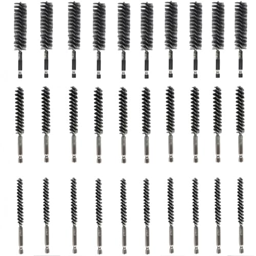 Image of 30 Pieces Pipe Brushes in 3 Sizes, Power Drill Bore Brush with 1 /4-Inch Hex Shank, Stainless Steel Wire Cleaning Brush Set for Polishing, Painting and Rust Removal