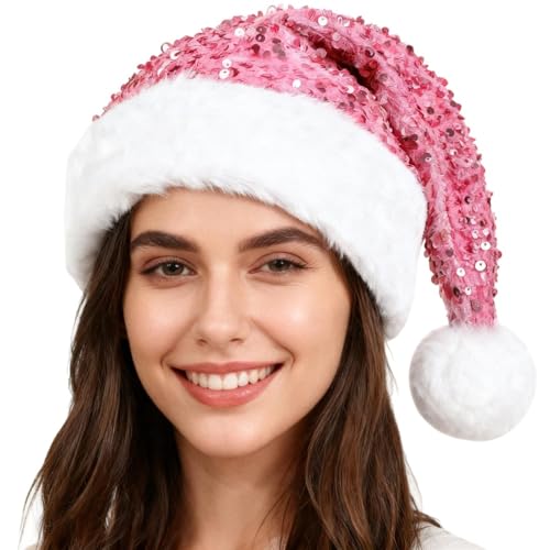Wgudzpj Santa Hat for adults Sequin Christmas Hat Xmas Super Soft Santa Party Hats (Pink)