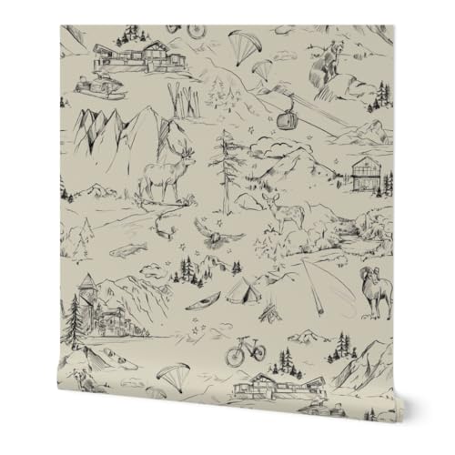 Spoonflower Peel & Stick Wallpaper Swatch - Outdoor Toile Telluride Colorado Mountains Neutral Camping River Skiing Forest Wilderness Deer Custom Removable Wallpaper