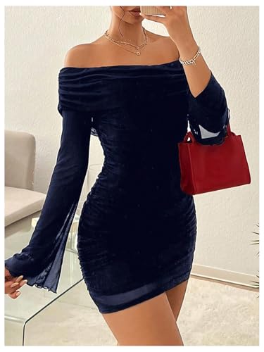 Image of GORGLITTER Women's Off The Shoulder Mesh Mini Dress Long Sleeve Y2K Sexy Ruched Bodycon Birthday Club Party Dresses