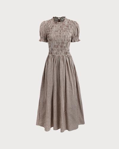 Image of RIHOAS Plaid Gingham Midi Dress Short Sleeve Smocked Dresses for Women | Cotton,Ruffle Puff Sleeves,Vintage Brown,Spring Summer Casual Daily,Picnic,Travel,Vacation,Christmas Festive Occasions