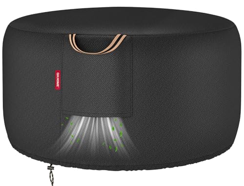 [2026 Upgraded Fabric] Fire Pit Cover Round for 33''-36''D Fire Pit, Heavy Duty Waterproof Patio Fire Bowl /Table Cover with Air Vent, Handle & Tightening Drawstring, 36"Dia x 20"H -Black