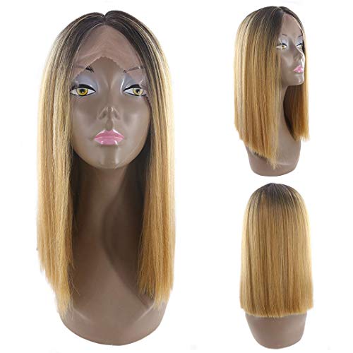 Buladou Hair Natural Looking Yaki Straight Synthetic Bob Lace Front Wigs with Dark Roots Medium Length Ombre Bob Heat Resistant Fiber Wigs for Women 14inch (1B/BLONDE)