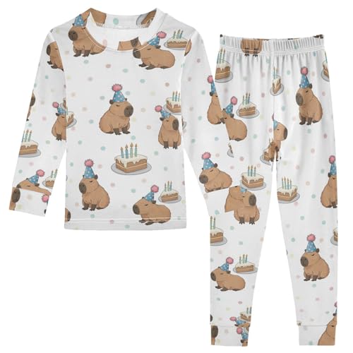 Pajama Sets Long Sleeve Capybara Birthday Cake Pattern Soft Comfy Sleepwear 2 Piece PJS 3-8T