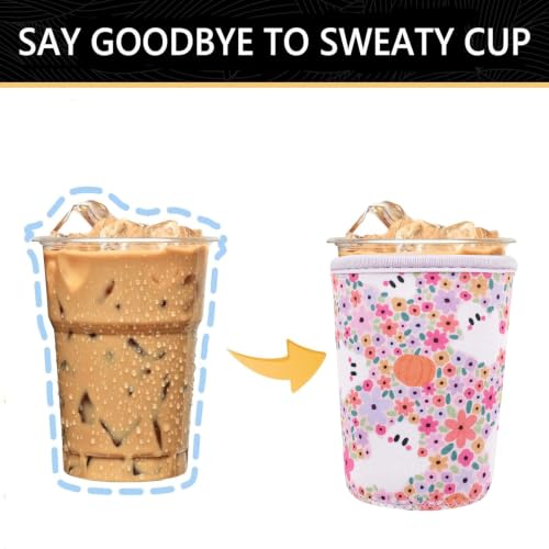 Image of YR Reusable Neoprene Insulator Sleeve for Iced Coffee Cups, 3 Pack Coffee Coolies sleeves for Iced & Hot Drinks, Cold Beverage Cooler Compatible with Cold Soda and More (Halloween Ghost & Flower)