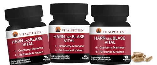 Vitalpfoten 3x75 Harn und Blase Vital Kapseln für Hunde & Katzen mit Cranberry, Mannose und Brennnessel, pflanzliche Hausmittel - Rezeptur für die Blase, Nieren und Harnwege