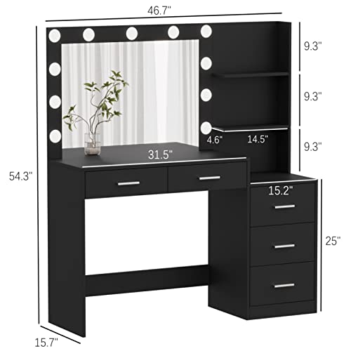 Image of Rovaurx 46.7 inch Makeup Vanity Table with Lighted Mirror, Large Vanity Desk with Storage Shelf & 5 Drawers, Bedroom Dressing Table, 11 LED Lights, Black