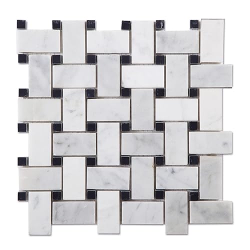 Diflart Marble Mosaic Tile, Carrara White, 1x2 Inch Basketweave, Polished,