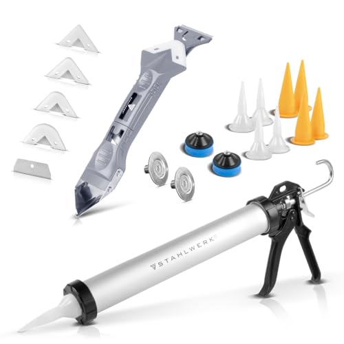 STAHLWERK Pistolet en silicone SP-600 ST avec spatule en silicone 600 ml - Pistolet à cartouche en aluminium - Pistolet à cartouche avec grattoir en silicone - Extracteur de joints - Lisseur de joints