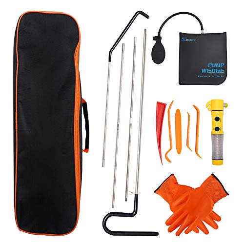 soyond Professional Automotive Car Emergency Kit Essential Tool Kit with Easy Entry Long Reach Grabber,Inflatable Air Pump Wedge Pry Tool Kit Working Gloves and Safety Hammer