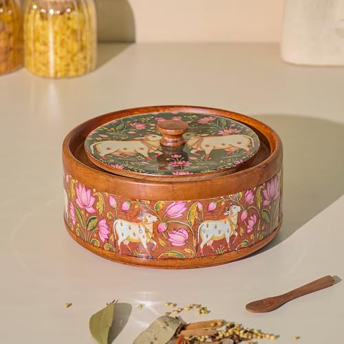 Image of Brick Brown Vana Wooden Masala Box with Lid | Pichwai Meena Embossed Spice Box Organizer | Handcrafted Masala Dani with 7 Steel Containers & Wooden Spoon | Spice Storage for Kitchen (8.3x4.3 Inch)