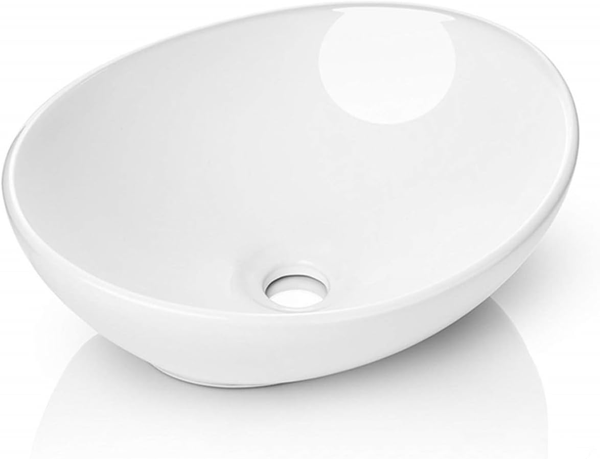 Kichae Oval Vessel Sink 16"x13" Modern Bathroom Vessel Sink Above Counter Egg Oval Shape White Porcelain Ceramic Vessel Vanity Sink Art Basin