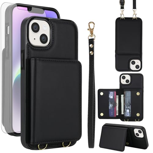 Coque iPhone 15 Plus protège écran verre trempé et étui portefeuille RFID