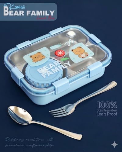Image of KAVANA Lunch Box 3 Compartment Leak-Proof BPA Free Stainless Steel, Lunch Box for Kids, Lunch Box for School & Office with a Fork, a Spoon (Blue), 750 ml (Blue)