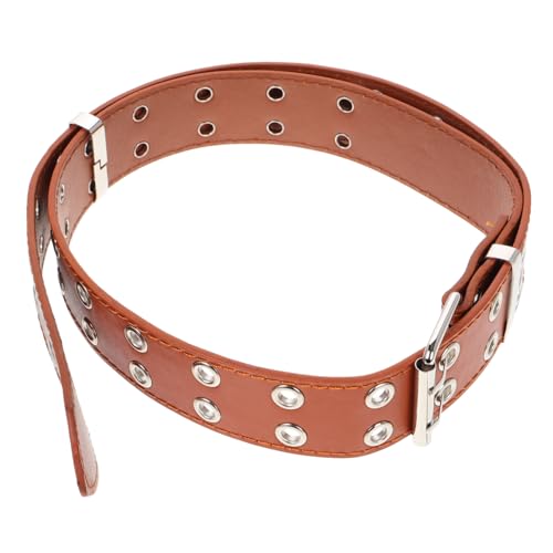 Punk Double Grommet PU Belt for Women Adjustable Wide Chain Waist Belt with Stylish Chain Accent Studded Design for Casual Fashion Forward Outfits