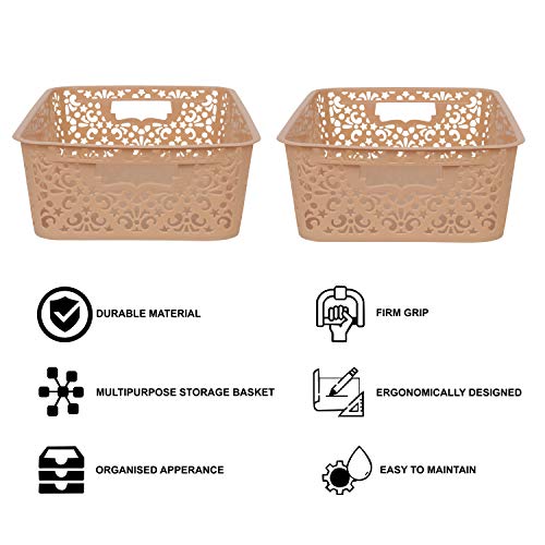 Image of Cutting Edge Essentials Plastic Storage Baskets /Shelf /Turkish Rack without Lid - Set of 2 for Fruit Vegetable Bathroom Stationary Home Basket with Handle (Beige, Medium)