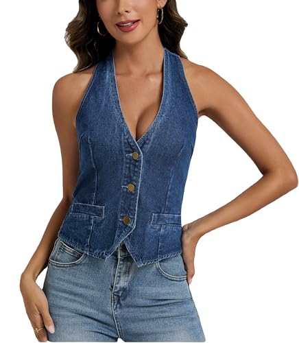 Ladyful Halter Denim Vest Top for Women V Neck Jean Vest Waistcoat Sleeveless Back Tie Cowgirl Top Western Outfits