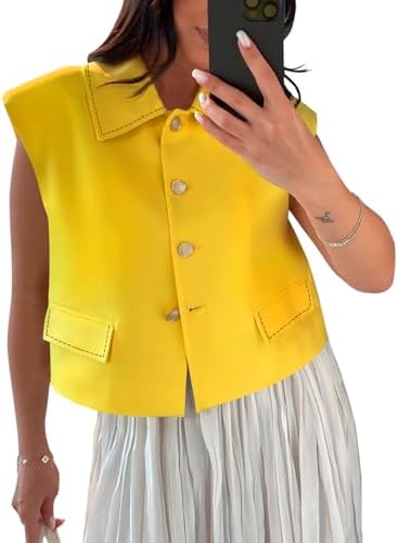 Tankaneo Womens Cropped Suit Vest Tops Cap Sleeve Lapel Collar Button Down Trendy Casual Blazer Waistcoats