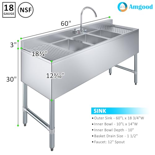 Image of AmGood One Compartment Stainless Steel Under bar Sink (Sink Size: 60 inchx19 inch, Three Bowl + Faucet + 2 Drainboards)