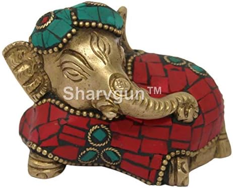 Sharvgun Brass Elephant Sitting Folded Trunk Statues Showpiece Metal Statue with Stone Work Lucky Figurine Home Decor Gifts Item image 4