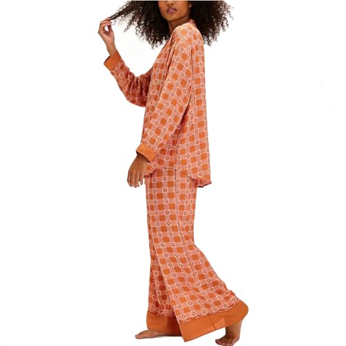 Image of Women Satin Pajama Set Floral Silk Pajamas 2 Piece Lounge Sets Button Down Shirts Wide Leg Pants Pjs Sleepwear