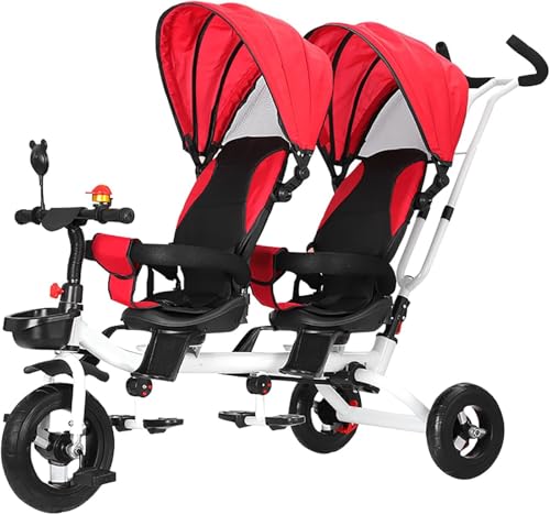 Triciclo Doble Asiento para Niños Pequeños, Triciclo para Bebé Asa de Empuje Ajustable y Capota Retráctil, Cochecito 7 en 1 sin Esfuerzo Niños de 1 a 5 Años(Red)