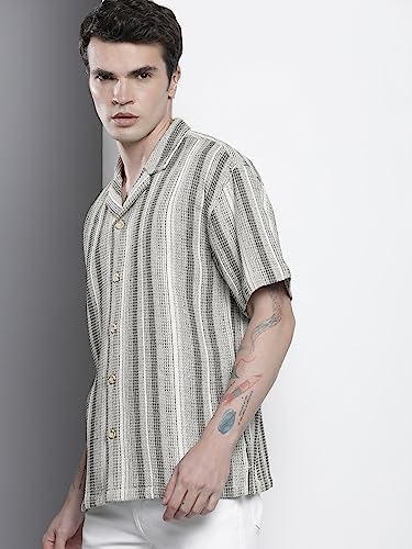 Image of The Indian Garage Co Men Relaxed Fit Striped Half Sleeves Cuban Collar Resort Wear Shirt
