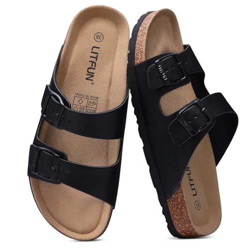 Image of Litfun Unisex Cork Footbed Sandal Summer Slip On Slide Sandals with Adjustable Buckle for Women Men