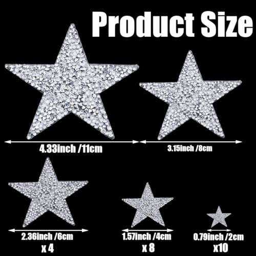 24 Pieces 5 Sizes Iron On Star Patches Adhesive Star Patches Star Shape Rhinestone Appliques Patch DIY Accessory for Clothing Jeans Bags Hats Repair Decoration (Silver) - Thumbnail 3