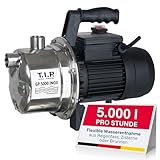 T.I.P. Gartenpumpe Edelstahl (5.000l/h Fördermenge, 45m Förderhöhe, 4,5bar Druck, 1.200W, selbstansaugend, Jet-Hydrauliksystem, thermischer Überlastschutz, ergonomischer Handgriff) GP 5000 INOX, 31372