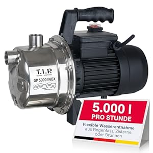 T.I.P. Gartenpumpe Edelstahl (5.000l/h Fördermenge, 45m Förderhöhe, 4,5bar Druck, 1.200W, selbstansaugend, Jet-Hydrauliksystem, thermischer Überlastschutz, ergonomischer Handgriff) GP 5000 INOX, 31372
