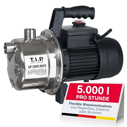 T.I.P. Gartenpumpe Edelstahl (5.000l/h Fördermenge, 45m Förderhöhe, 4,5bar Druck, 1.200W, selbstansaugend, Jet-Hydrauliksystem, thermischer Überlastschutz, ergonomischer Handgriff) GP 5000 INOX, 31372