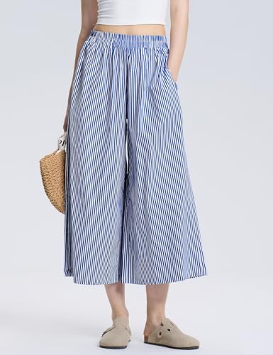 Image of LOMON Womens Wide Leg Capri Pants Gingham Plaid Culottes Summer Elastic Waist Palazzo Trousers Bottoms with Pockets