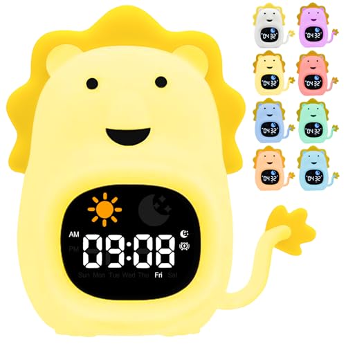 CCHKFEI Kids Alarm Clock, Rechargeable Night Light with 6 White Noise Sound Machine, Toddler Sleep Training Alarm with 8 Colors Night Light, Perfect Clock Gift for Kids Boys Girls.(Lion)