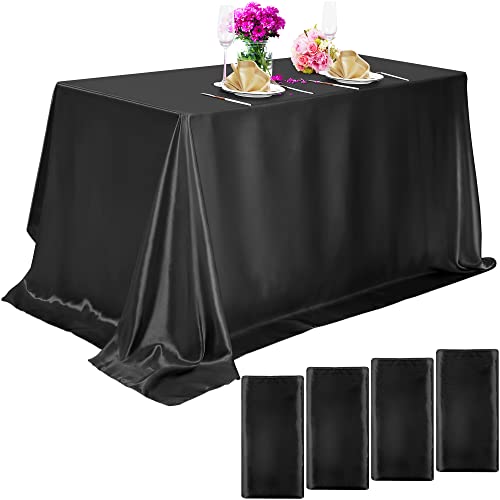 Fittmo 4 Pieces Satin Tablecloth Table Cover 58 X 102 Inch Bright Silk Rectangle Tablecloth Overlay Satin Tablecloth Smooth Fabric Table Decor For Wedding Banquet Table Decoration, Black #TOP4