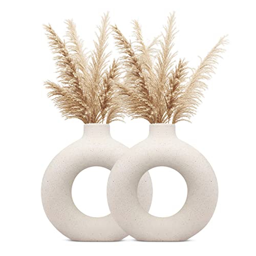 Indulge Homes - White Vase/Office Desk/Flower Vase/Pampas Grass Vase/Reinforced Ceramic Vase/Round Shaped Vase Home Decor Centrepiece/Decor Showpiece (Donut Vase-6 in (Pack of 2))