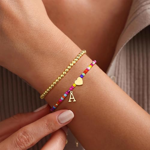 Ritach Colorful Initial Bracelets for Girls Women - Real Gold Plated Stretchable Beaded Bracelets Cute Heart Initial Bracelets for Girls Stackable Bracelets for Women Teen Girl Gifts2