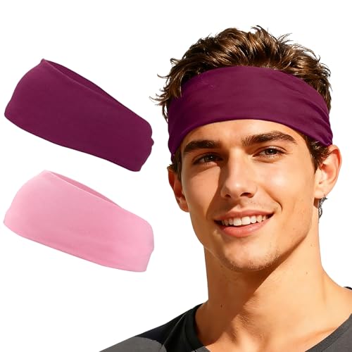 YELARXI Sport Headbands for Men, Workout Headbands Stretchy Sweatband Absorbent Head Bands 2 Pcs & Dark Purple/Pink - Fitting for(Men Women/Yoga/Sports/Running/Fitness/Cycling)